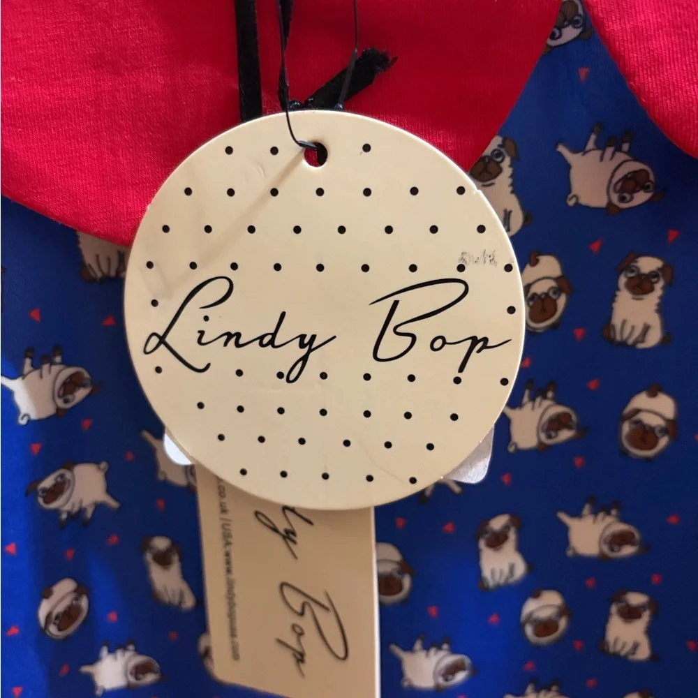 Lindy Bop Blue blouse with Red Collar and Pug Print - Picture 3 of 3